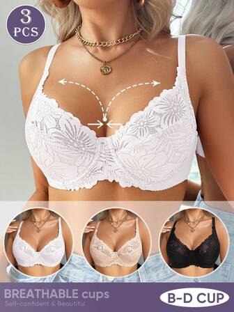 MEIYATING 3 st sexiga blommiga spets-bh:ar för kvinnor, trådlösa andningsbara lätta U-rygg-bh:ar
