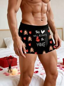Customized Photo Print Men's Briefs, Personalized Heart Design, Suitable As A Personalized Gift, Funny Customized Style, Boxer Briefs, Customizable Item, Suitable For Daily Wear And Gift-Giving, Also Can Be Given As A Valentine's Day Or Birthday Gift To Boyfriend - Black - View 5