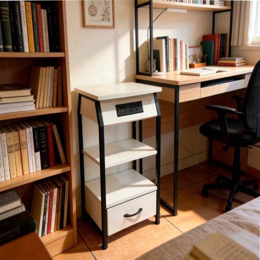 Buró De Noche Con Enchufe Buros Recamaras Buros Con Cajones - Blanco - Ver 1