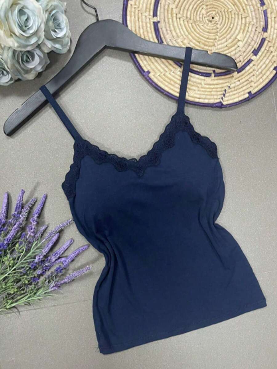 Plain Viscose/Lycra Fabric Tank Top With Pretty Built-In Bra Cups. - 藏青 - 查看 1