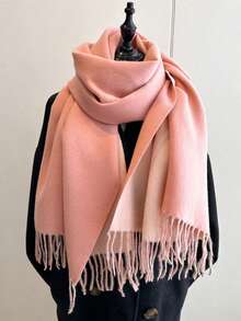 1pc Fashion New Double-Sided Scarf For Women, Winter Dual-Use High-Grade Solid Color Air-Conditioned Room Shawl Long Tassel Thick Warm Scarf - Watermelon Pink - View 4