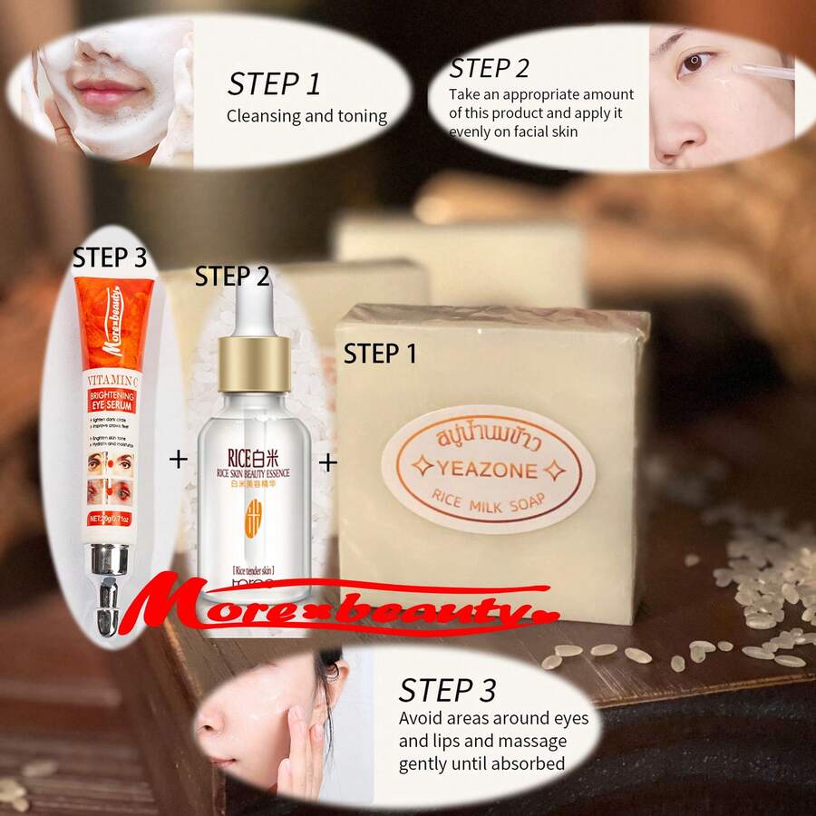 1 set de jabón de arroz + suero de arroz + crema de ojos de arroz. Jabón artesanal tailanés de arroz para la cara, el baño y las manos. Enriquecido con aceites minerales esenciales, limpia en profundidad y suaviza. Rico en espuma, suero de arroz hidrata en profundidad. Crema de ojos de arroz refirmante bloquea el agua para un rostro radiante. Opciones de múltiples especificaciones incluidas