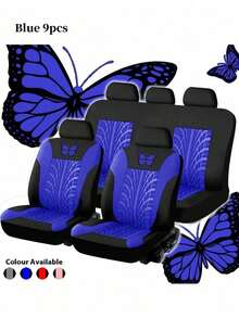 17件套（9件套、8件套、4件套）蝴蝶图案汽车座椅套，包含柔软毛绒方向盘套、换挡杆套、手刹套和钻石毛绒吊坠装饰，通用尺寸，带来舒适的驾驶体验。套装包含17件（9件座椅套+8件毛绒方向盘装饰套装）。 - 款式A - 查看 17