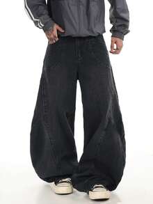 Jeans casuales de corte holgado para hombre con parches, pierna recta y lavado desgastado, estilo streetwear - Negro - Ver 5