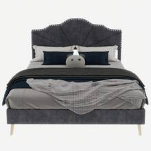 Modern minimalistisk och plyschsäng, bekväm och mjuk huvudgavel, 160*200 cm, grå, multifunktionella sovrumsmöbel, låg sängram utan gasfjäder, madrass ingår ej. - Grå + Tyg + Metall + Minnesskum - Visa 4