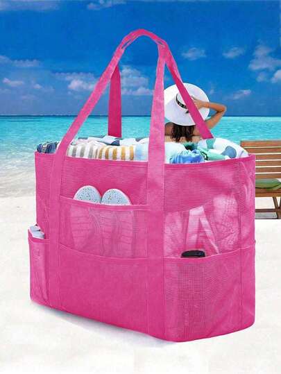 Bolso de playa grande de malla, bolso de almacenamiento multifuncional con cierre de cremallera, plegable y ligero, adecuado para viajes familiares a la playa, puede contener juguetes, artículos de vacaciones, también se puede usar como mochila. Gran capacidad, impermeable, ligero, ideal para adolescentes, mujeres, estudiantes universitarios, adecuado para volver a la escuela, universidad, escuela secundaria, estudiantes de secundaria, también adecuado para viajes familiares a la playa para guardar juguetes y artículos de vacaciones necesarios.