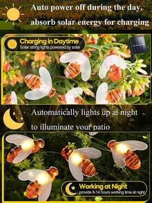 1个太阳能可爱蜜蜂串灯，LED串灯，20/50/100颗LED灯珠，8种模式，蜜蜂户外花园围栏庭院圣诞花环灯 - 黑色 - 查看 8