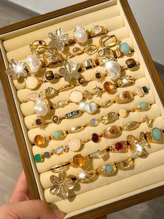 Set de 15 piezas de anillos de mujer con incrustaciones de gemas artificiales de aleación, elegantes y lujosos anillos de estilo mixto para dedos abiertos para fiestas, bodas, uso diario, regalo de joyería de moda