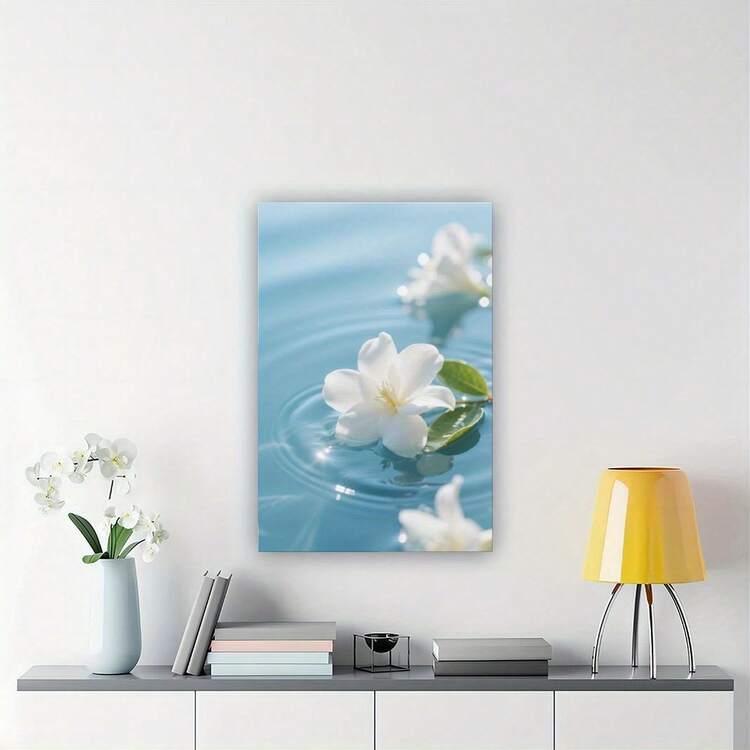 1 pieza de pinturas decorativas con marco para sala de estar [2D plano] Elegante magnolia blanca flotando en el agua, arte de pared en lienzo con marco de madera - Decoración moderna clásica vertical para el hogar, fondo azul suave, pintura floral minimalista, adecuada para sala de estar, dormitorio, oficina, baño - Regalo perfecto para el Día de la Madre, se puede colgar directamente y está disponible en varios tamaños, inyectando alegría en tu espacio único. - Multicolor - Añade 10