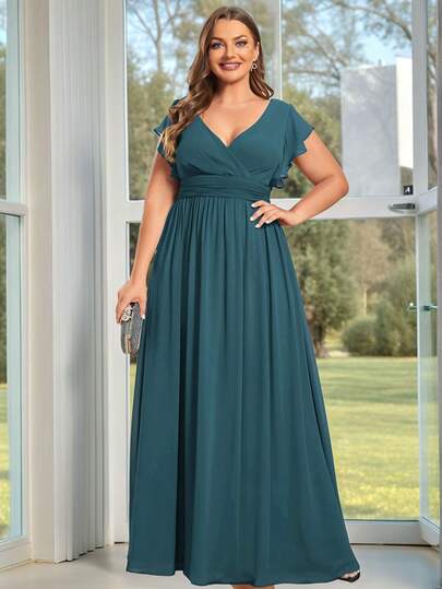 Plus V Neck Plain Backless High Waist Pleated Blue Bridesmaid Dress For Wedding Party Dresses