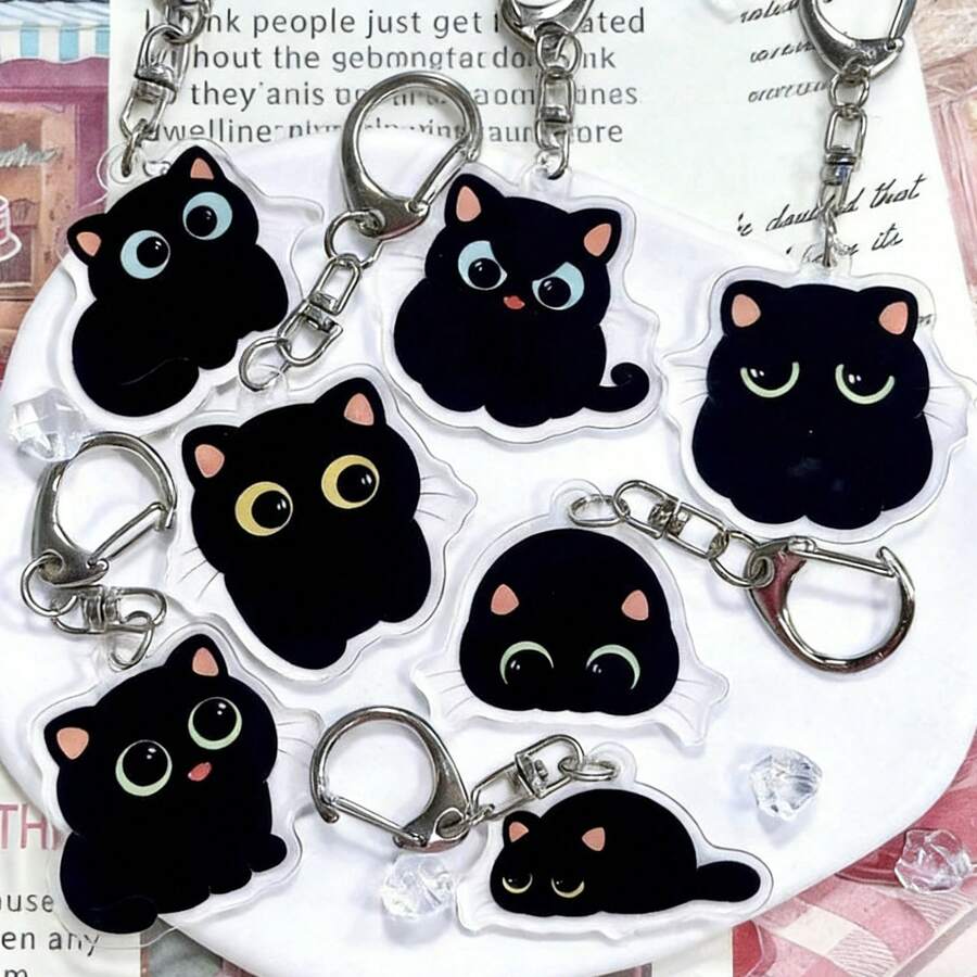 7 Stücke süße schwarze Katze Acryl Anhänger DIY Metall Schlüsselanhänger, geeignet für Auto Dekoration, Rucksack Dekoration, Autoschlüssel, Reißverschlussanhänger, perfektes Geschenk für Geburtstag, Feiertage, Weihnachten, Jubiläumsfeier - Verschiedenfarbig - Übersicht 1