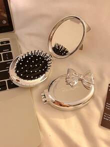 1pc Butterfly Shaped Mini Hair Brush With Mirror, Nylon Bristles, ABS Plastic Handle, Portable Foldable Air Cushion Brush Suitable For Normal Hair, Travel-Friendly Styling Tool For Women - Multicolor - View 5