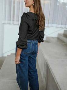 Áo kiểu nữ màu trơn, tay dài, cổ chữ V, viền bèo nhún, thích hợp mặc đi làm/thường ngày, mùa xuân/hè. - màu đen - Xem 4