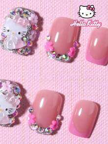 SANRIO Bộ 24 miếng dán móng tay vuông ngắn 3D bằng gel kiểu Pháp, bao gồm các hạt đá 3D trang trí dễ thương và họa tiết hoa, vừa vặn hoàn hảo với móng tay acrylic, kèm theo 1 lọ keo và 1 dũa móng, phù hợp cho cuộc sống hàng ngày và các bữa tiệc của phụ nữ. - Nhiều màu - Xem 4