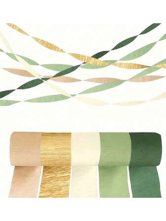 5pcs Olive Green And Khaki Crinkle Paper Streamers, Suitable For Green Boho Wedding, Birthday, Bridal Shower, Seasonal Decor, Birthday Party, Anniversary, Graduation, Bachelorette Party, Multipurpose Party Decorations