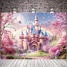 1pc Fairy Tale Castle Background With Pink Cherry Blossom Forest And Rainbow, Polyester, No Power Needed, For Photography, Birthday, Wedding, Princess Party Decor - Multicolor - View 3