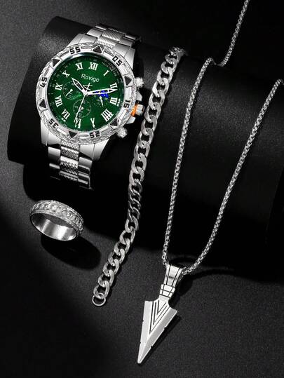4-Piece Casual Business Men's Quartz Watch Set, Includes Bracelet, Necklace And Ring. Round Dial With Roman Numeral Markers And Alloy Band, An Ideal Gift And Men's Accessory. Silver Fashion Design Showcases A High-End Dark Style, Perfectly Matching Daily Commute Outfits And Eye-Catching Streetwear.