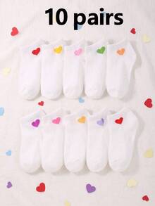 10双白色婴儿爱心图案袜子，可爱弹力袜，男女童运动袜，纯色可爱爱心设计舒适袜，适合日常穿着 - 彩色 - 查看 6