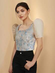 Amyenjoylife Modern Philippine Inspired Elegant Jacquard Short Sleeve Top, Summer - Blue - View 1