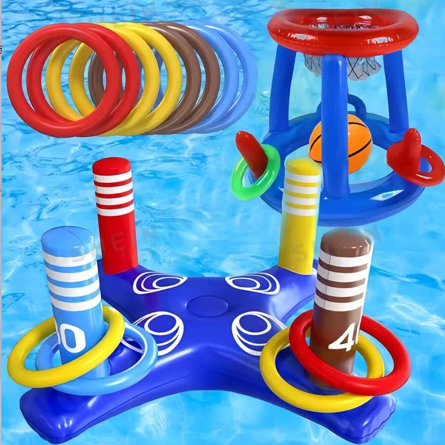4 Stücke aufblasbares Wurfringspiel-Set mit Basketballkorb - bunte PVC-Poolspielzeuge, geeignet für Sommerfeste, Outdoor-Aktivitäten und Wasserspiele, enthält 4 Ringe in zufälliger Farbe, Wasserspiel-Set | Spaßige Poolspiele | Beständige PVC-Ringe, Poolspielzeug - Verschiedenfarbig - Übersicht 1