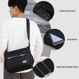 尼龙斜挎包，多口袋超薄单肩包，带平板电脑隔层，时尚专业系列，可调节肩带，弹性侧袋可存放必需品，非常适合日常通勤、旅行和休闲装扮。