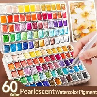 Set de 60 colores de pintura de acuarela sólida y metálica - Juego de arte portátil para pintar, dibujar, escribir, manualidades DIY - Regalo ideal para vacaciones, adecuado para artistas, adultos y profesionales, también una opción ideal para útiles escolares y de estudio