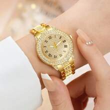 两件套（1只女士金色水钻装饰锌合金表带圆形石英表，搭配1条链式手链，节日送礼佳品）