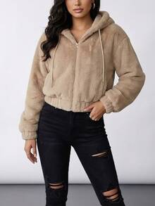 Chamarra de Peluche Corta para Mujer con Capucha, Cierre Completo y Ajuste Elástico, Abrigo Ligero de Invierno - Avena - Ver 3