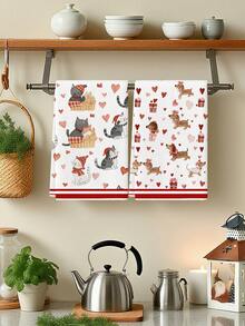 2Pcs Watercolor Gray Checkered Heart Black And White Cute Puppy Gift Box Pattern Farmhouse Farm Decoration Kitchen Towel Dishcloth Holiday Party Supplies Bathroom Hand Towel Suitable For Kitchen, Dining Room, And Dining Table - White - View 3