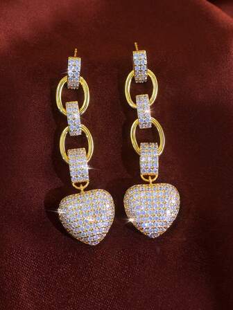 1 Pair Shiny Cubic Zirconia Micro Paved Yellow Gold Plated Long Heart Dangle Drop Earrings CZ Women Bridal Jewelry For Wedding Engagement Banquet Pageant Party Prom To Brides Bridesmaids Wife Girlfriends Gift