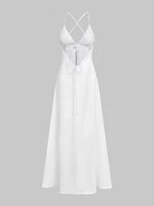 QUNGIGU 女士性感缎面吊带连衣裙，V领系腰设计，正式晚礼服，适合婚礼宾客、派对、新娘送礼会等场合，优雅简约连衣裙 - 白色 - 查看 8