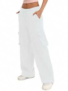 New Casual Loose Fit Elastic Waist Wide Leg Sweatpants, Thicker Thermal Lined, Versatile & Slimming - 白色 - 查看 7