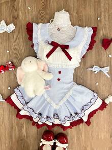 Japanese Sweet Cherry Ball Blue Plaid Dress Summer Cute Lolita Little Flutter Sleeve Puffy Princess Dress - váy công chúa kẻ caro xanh - Xem 4