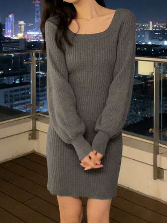 無地パターンラグランスリーブ長袖ニットドレス