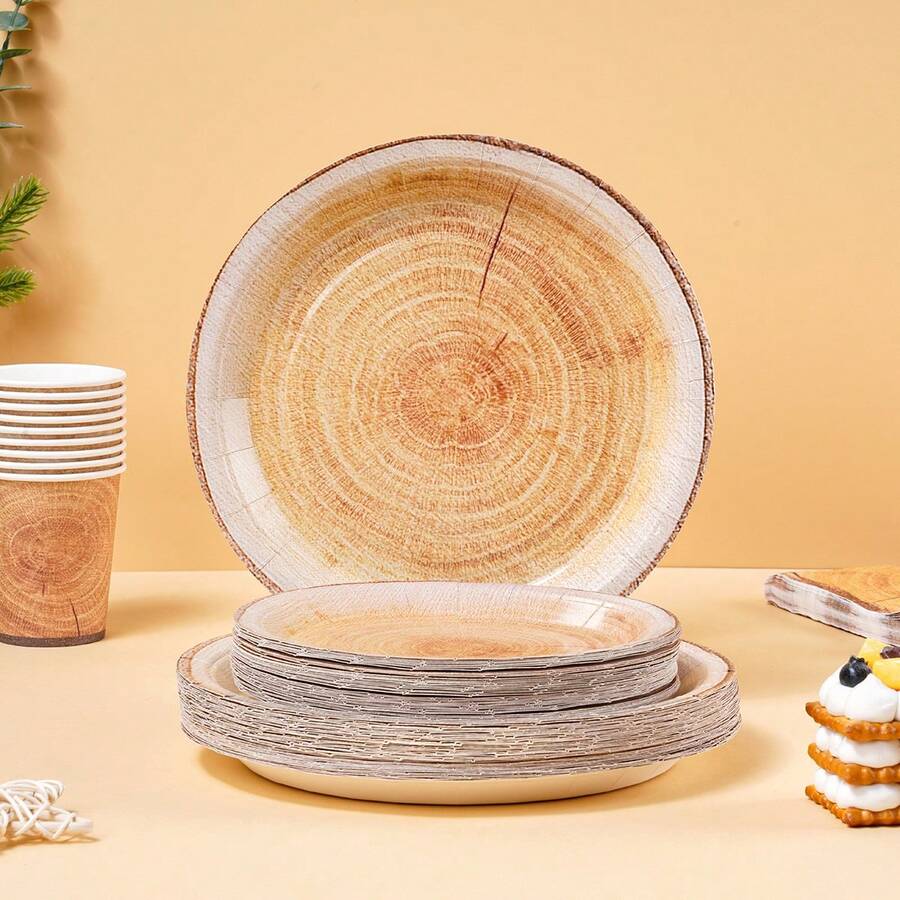 7/9英寸树桩一次性餐盘套装，派对餐盘，一次性纸盘，纸杯，餐巾纸，适用于婚礼、订婚、生日、婚宴餐具 - 彩色 - 查看 1