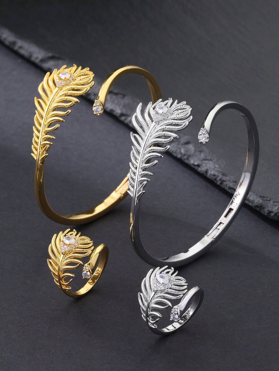 Bộ nhẫn và vòng tay hở đính đá Zirconia trang trí hình lông vũ (1/2 chiếc), thích hợp cho nữ giới đeo hàng ngày, trong các lễ hội, tiệc tùng, ngày Valentine, lễ Eid. - lông vũ - Xem 1