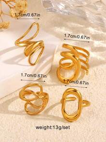 Conjunto de 4 anéis minimalistas e versáteis em aço inoxidável banhado a ouro 18K com design geométrico assimétrico em formato de elipse, elegantes e casuais para mulheres, perfeitos para uso diário, encontros, reuniões, feriados e Dia dos Namorados. - Multicolorido - Ver 2