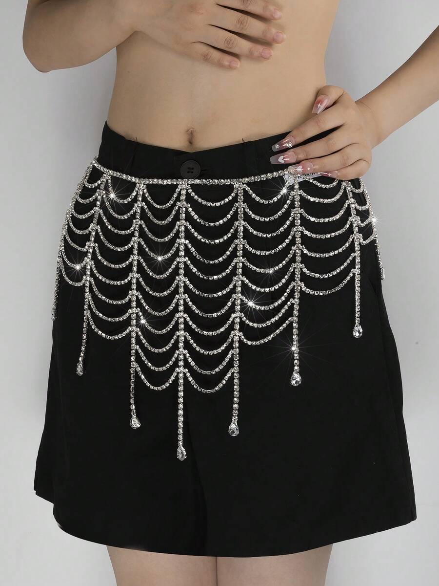 Fashionable Elegant Silver Multi-Layer Crystal Chain Waist Accessory