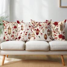 4 piezas Fundas de cojín con diseño floral rojo vintage para Ramadán Kareem, material de terciopelo melocotón suave impreso por un solo lado, 45*45CM, fundas de almohada para decoración de habitación, sofá interior, sala de estar, decoración de fiesta, regalo decorativo