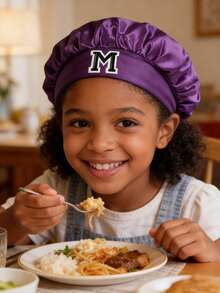 1pc Children's Smooth Satin Letter Print Sleep Cap, Fashionable & Comfortable, Breathable Anti-Slip, Daily Hair Care Cap - Purple - View 3