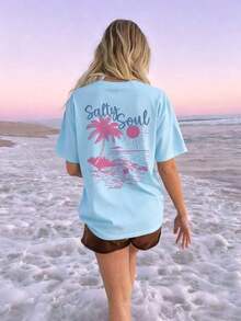 2026 Summer ShirtSALTY SOUL Women's Spring/Summer New Coconut Tree & Sunshine Print Casual Round Neck Short Sleeve T-Shirt, Fashion Versatile, Essential Daily & Vacation Wear. Vacation Printed T-Shirt For WomenLoose And Comfortablesummer Tops - 淺藍色 - 查看 7