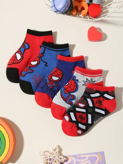  1/5 Pairs Marvel Boys/Kids Spring/Summer Short Socks, Cool Spiderman/Spider Web Graphic Decor, Casual Breathable Odor-Resistant Moisture-Wicking Athletic Socks, Cute Fashionable Soft Comfortable School Style, Suitable For Birthday Gift, Outdoor Sports, Travel, Campus Outfit