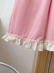 2 pezzi/set Completo estivo casual da ragazza con top a canotta con collo rotondo e fiocco decorativo e pantaloni a gamba ampia con volant, vestibilità morbida - Rosa - Visualizzare 7