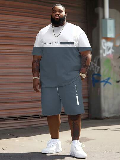 两件套男士夏季大码套装，灰白撞色设计，简约标语印花上衣和裤子搭配，打造休闲街头风。