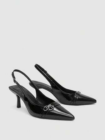 7厘米黑色高跟凉鞋，女士款，猫跟尖头派对礼服鞋，婚礼正装鞋，套脚高跟穆勒鞋