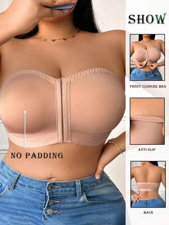 1pc Plus Size Women Solid Color Casual - Comfortable Minimalist Knit Fabric Front Button Wireless Bralette, All Season