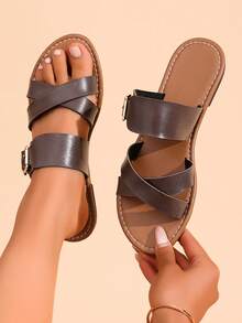 Giày sandal đế bằng nữ mũi tròn, quai chéo, khóa cài, thích hợp đi biển, kiểu La Mã. - Cà phê nâu - Xem 8