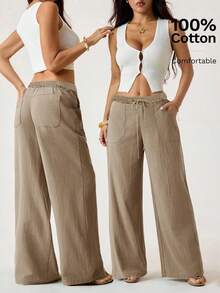 Women's Loose Straight Leg Pants, Linen Pants, Cotton Pants, Suitable For Spring And Summer - Khaki - View 1
