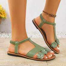 1 Pair Beach Bohemian PU Leather Contrast Color Women Flat Sandals, Elastic Band Fashion Embroidered Flat Slippers For Beach Vacation Summer - Green - View 5