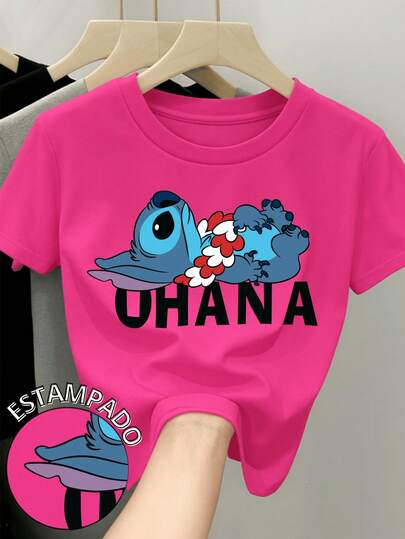  Camiseta para mujer de 100% algodón con cuello redondo y manga corta Estampada original de Disney Película Lilo y Stitich Ohana